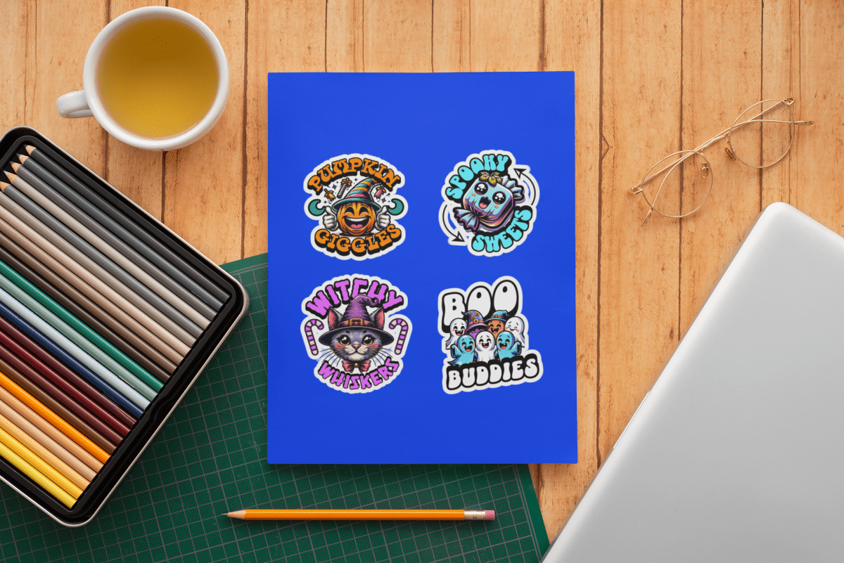 Halloween Sticker Set with Cat - 4 Pack Mixed Designs Kiss - Cut Vinyl for Laptops - Gooso Pixel