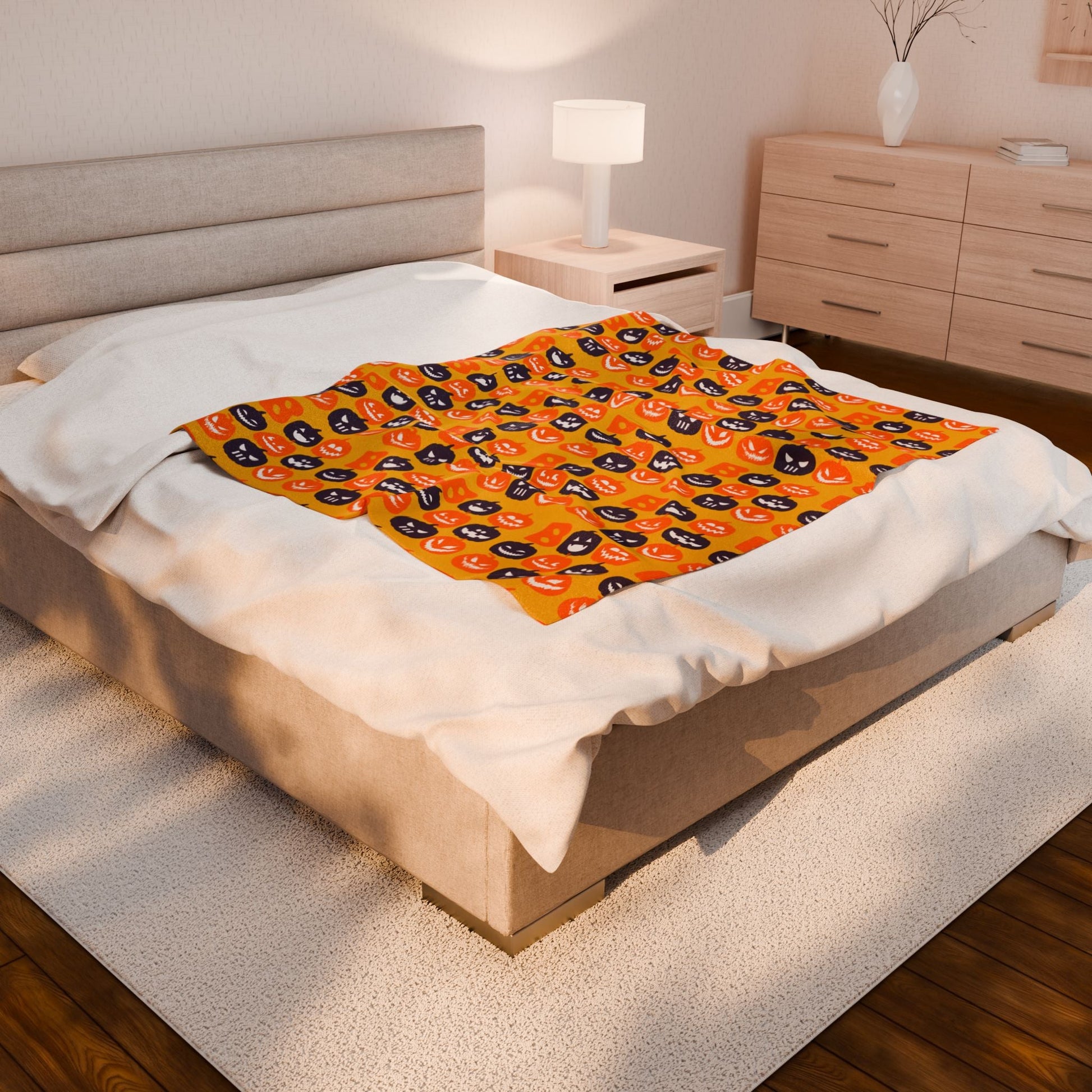 Velveteen Plush Blanket - Pumpkin Halloween Design, Cozy Fall Home Decor, Soft Throw Blanket, Warm Sofa - Gooso Pixel