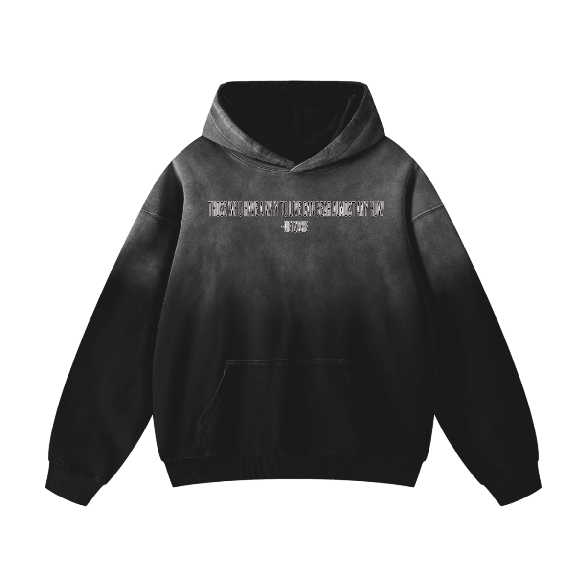 front Black sunfade oversized hoodie with Nietzsche quote on the front
