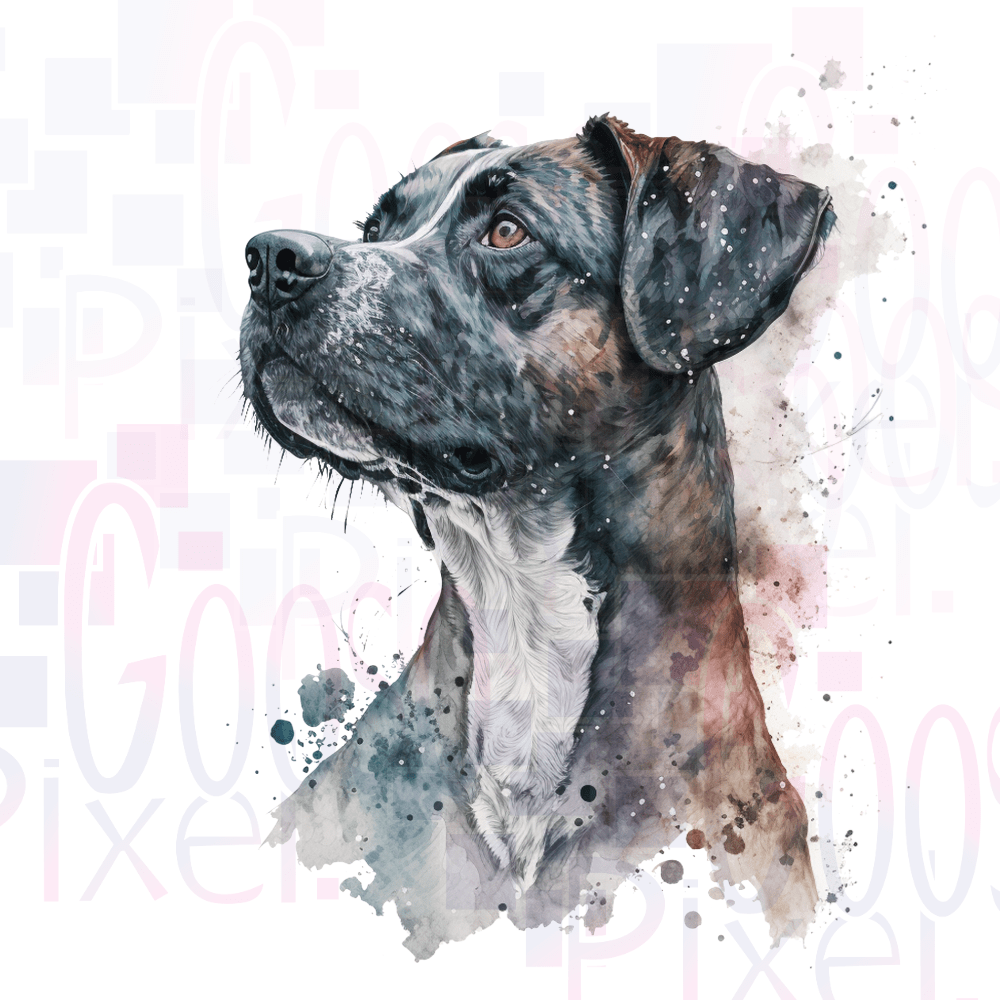 Artistic depiction of a Catahoula Leopard Dog with watercolor textures on a light background