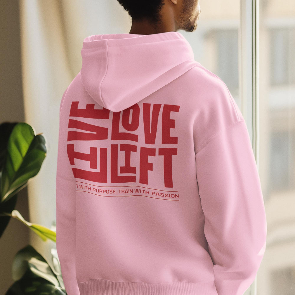 Live Love Lift Unisex Gym Motivational Hoodie pink gooso pixel 
