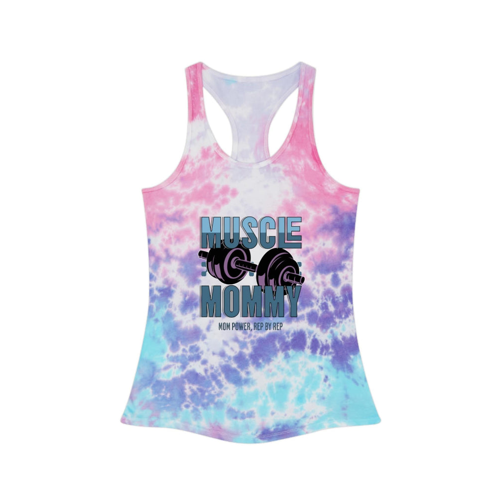 Muscle Mommy Tie Dye Racerback Tank Top gooso pixel pink purple and blue 