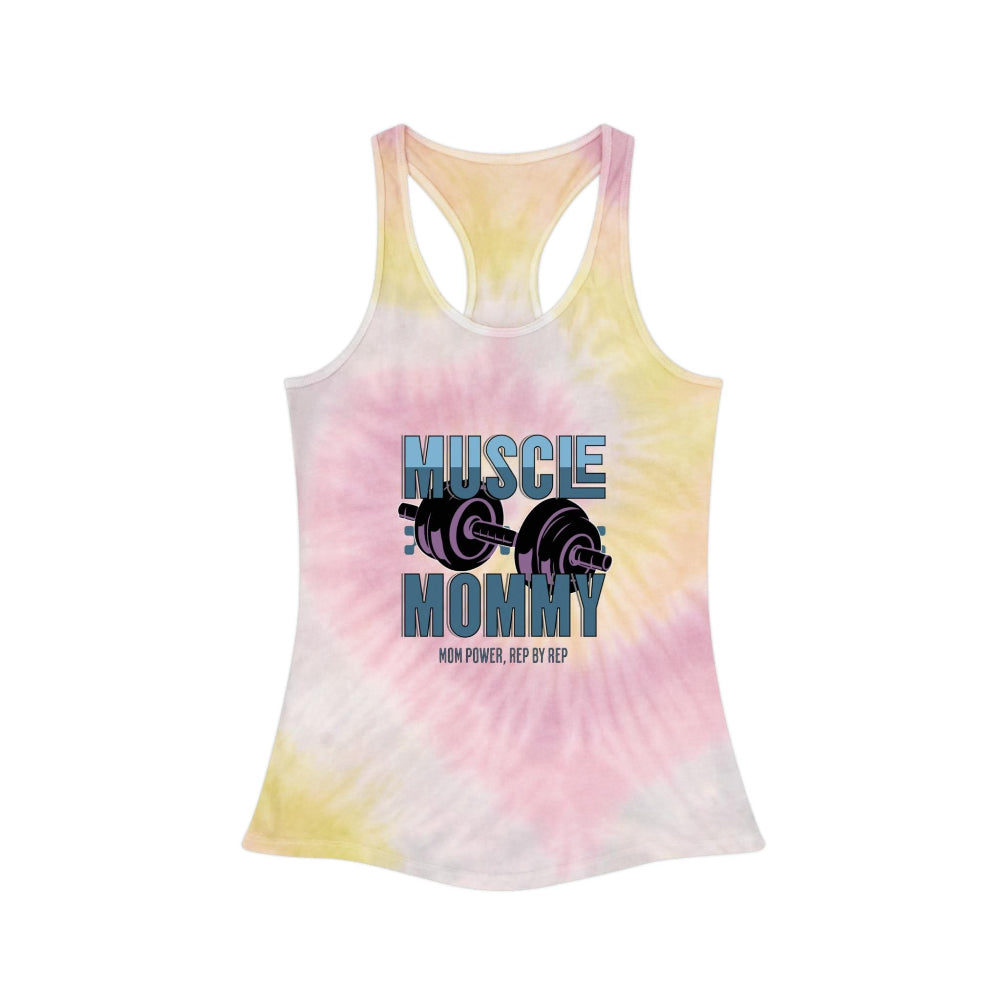 Muscle Mommy Tie Dye Racerback Tank Top yellow pink front gooso pixel 
