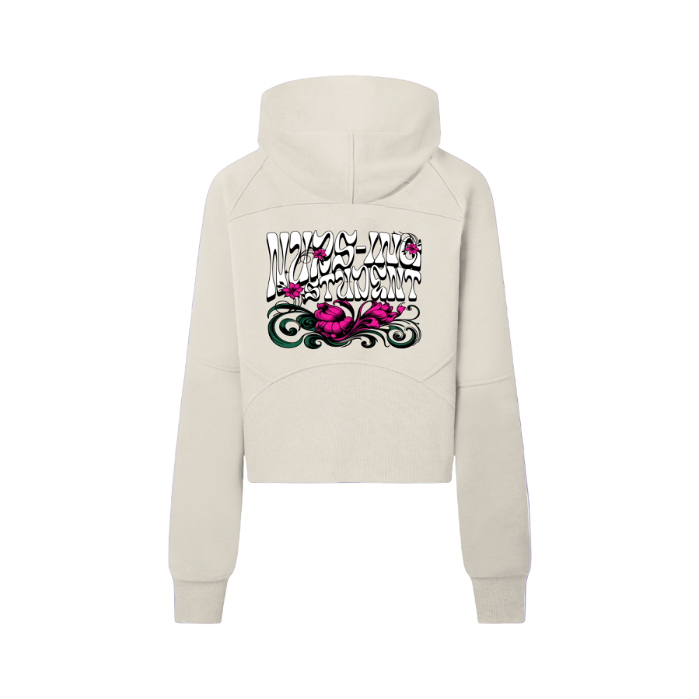 Back view of the women’s cropped half-zip bodycon hoodie displaying the playful “Nurs-ing Student” split-word graphic. Highlights the hood, smooth seams, and bodycon fit. Apricot