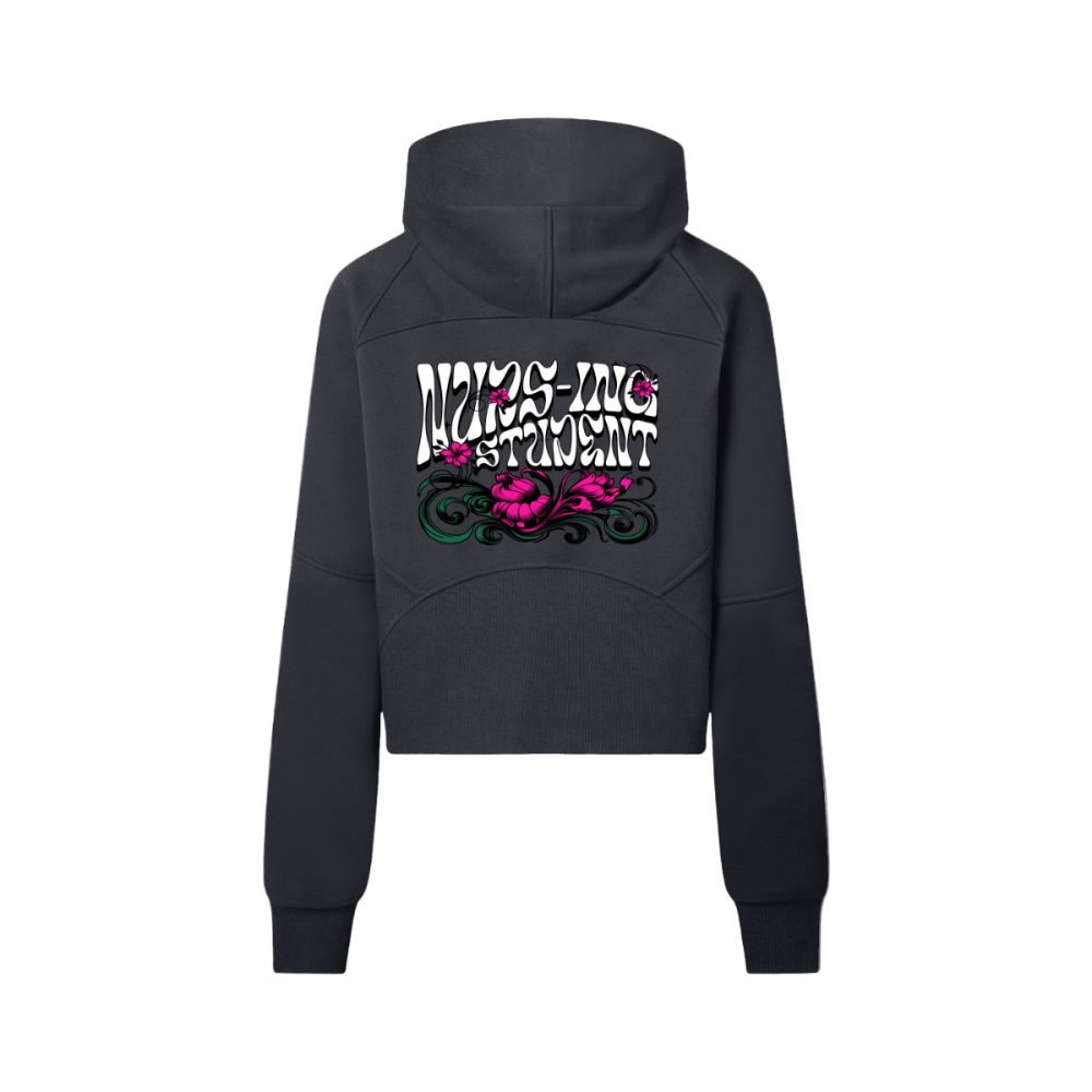 Back view of the women’s cropped half-zip bodycon hoodie displaying the playful “Nurs-ing Student” split-word graphic. Highlights the hood, smooth seams, and bodycon fit. Black