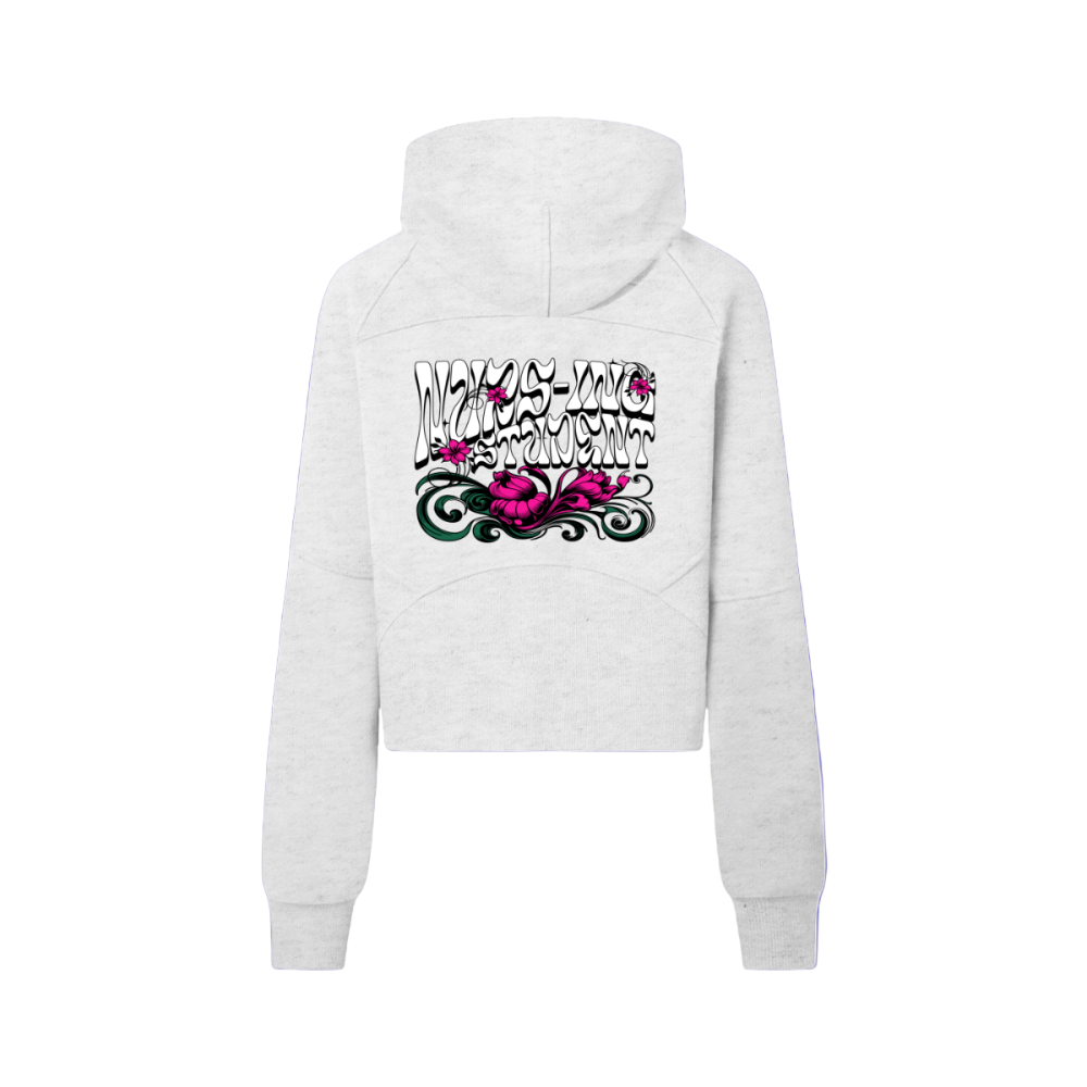 Back view of the women’s cropped half-zip bodycon hoodie displaying the playful “Nurs-ing Student” split-word graphic. Highlights the hood, smooth seams, and bodycon fit. Gray