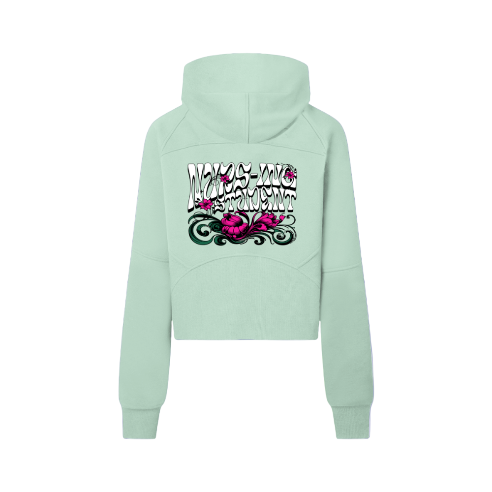 Back view of the women’s cropped half-zip bodycon hoodie displaying the playful “Nurs-ing Student” split-word graphic. Highlights the hood, smooth seams, and bodycon fit. Green