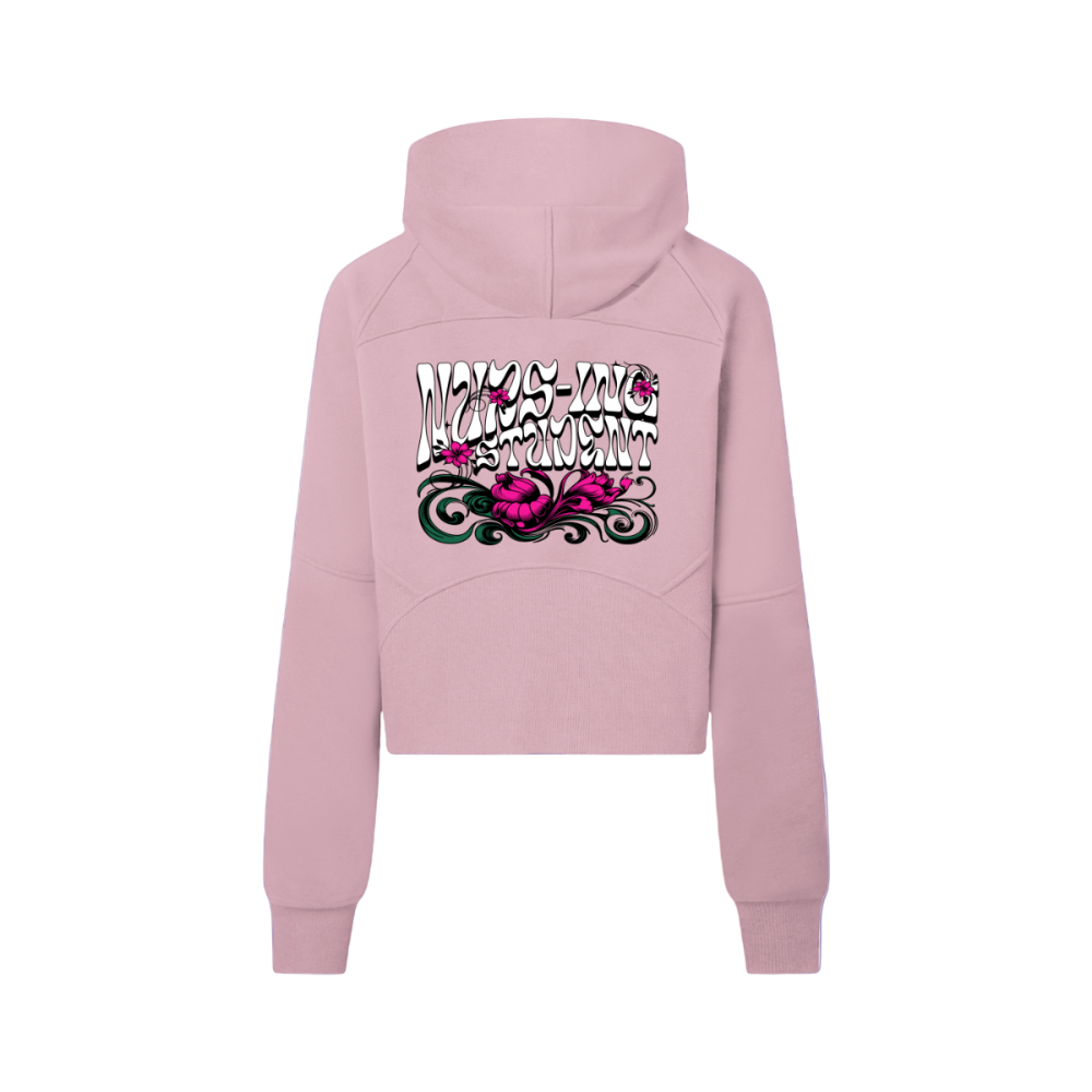 Back view of the women’s cropped half-zip bodycon hoodie displaying the playful “Nurs-ing Student” split-word graphic. Highlights the hood, smooth seams, and bodycon fit. pink