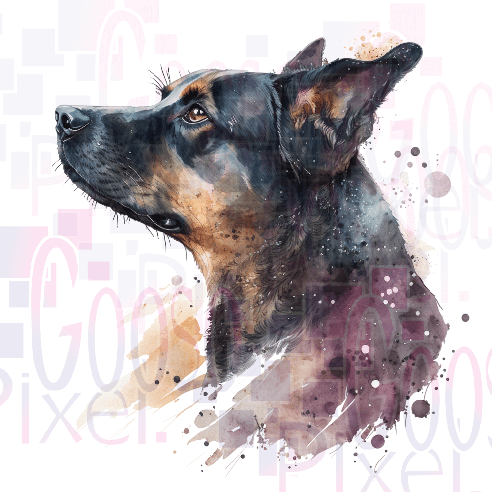 Artistic depiction of a dog's head with watercolor texture.