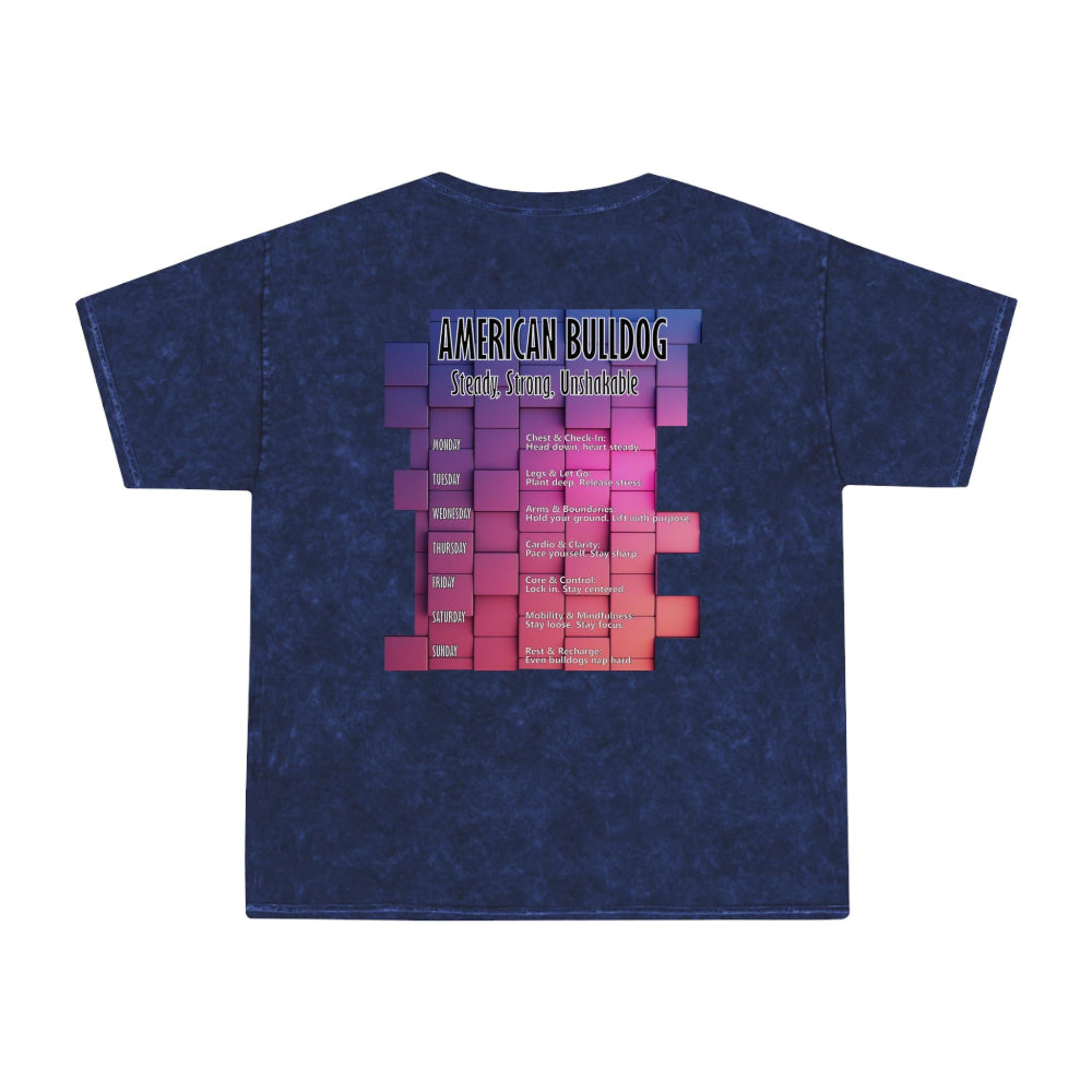 Bulldog Motivation Gym T-Shirt back of blue gooso pixel 