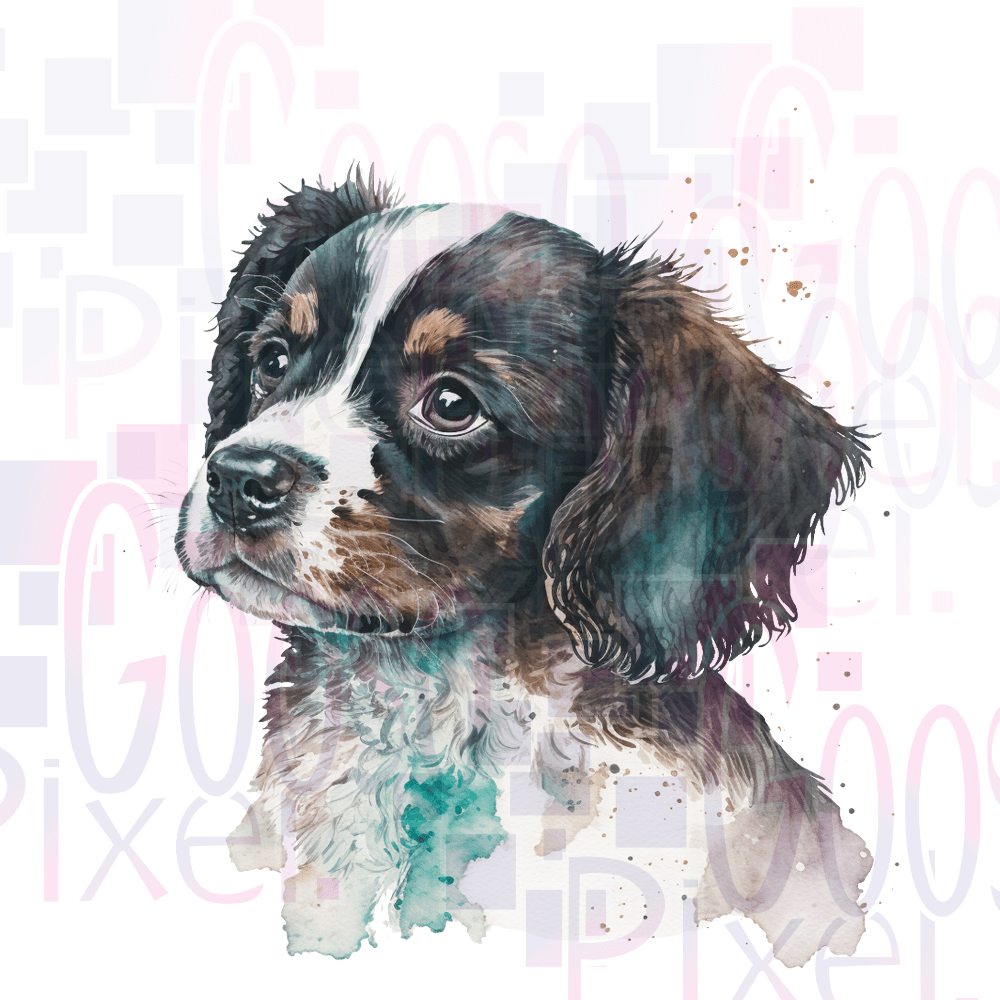 Artistic illustration of a puppy with watercolor effects on a light pink background.