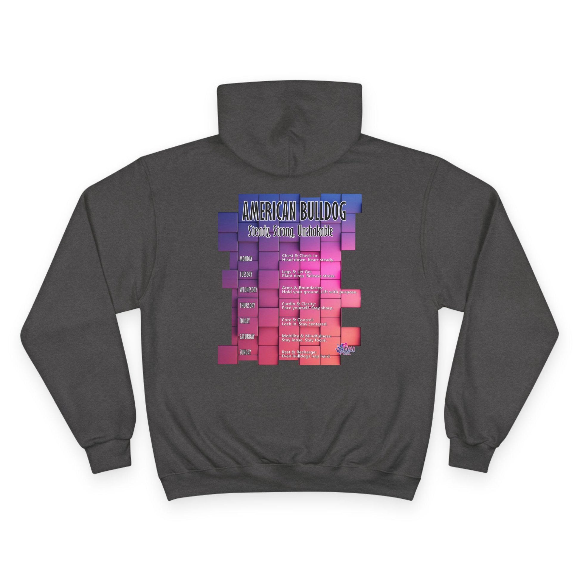 Bulldog Motivation Gym Champion® Hoodie back charcoal gooso pixel 