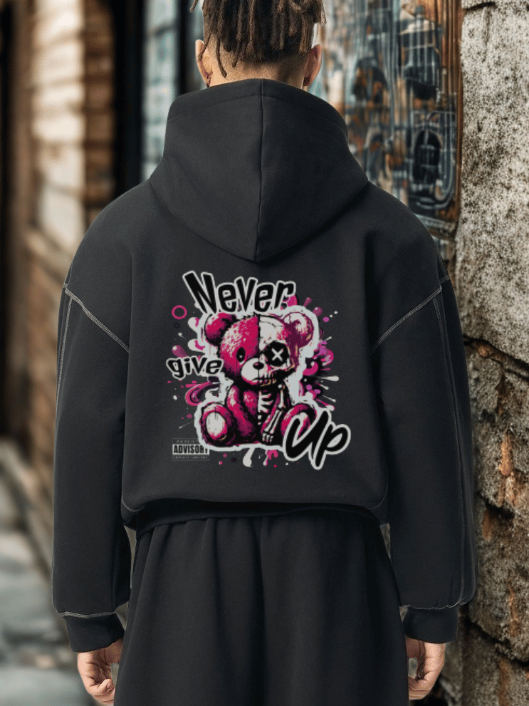 Contrast - Stitched Boxy Fleece Hoodie – Nietzsche Quote & Never Give Up Graphic - unisex - Gooso Pixel