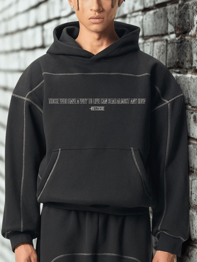 Contrast - Stitched Boxy Fleece Hoodie – Nietzsche Quote & Never Give Up Graphic - unisex - Gooso Pixel