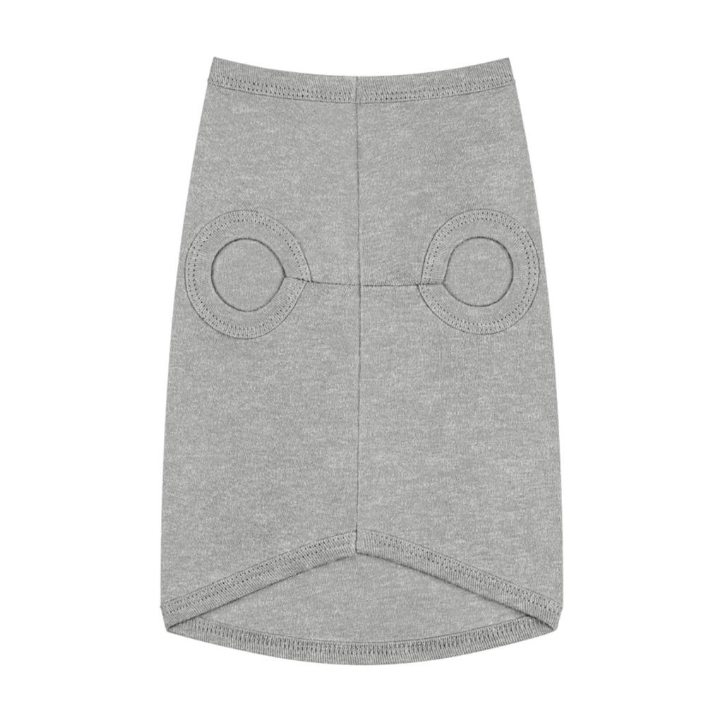 Gray pet shirt with circular cutouts on a white background