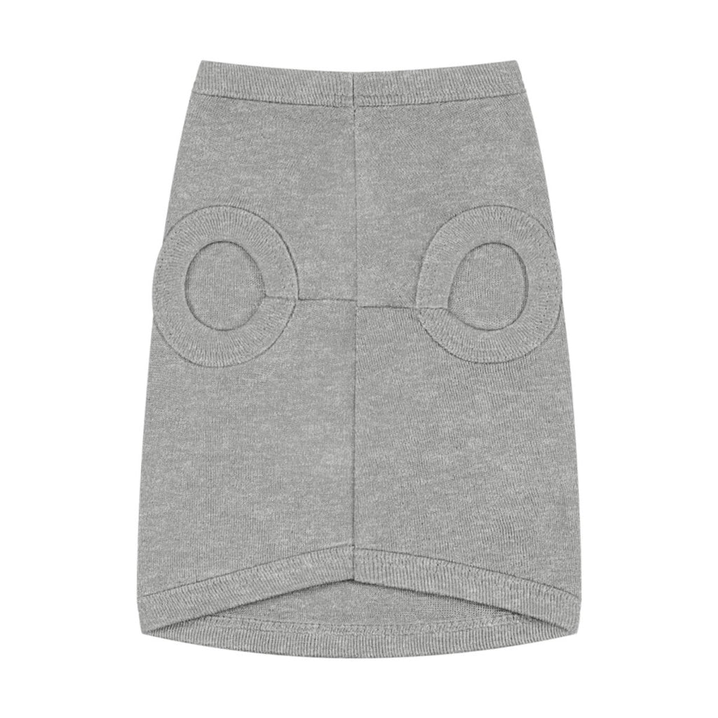 Gray dog shirt with circular cutouts on a white background