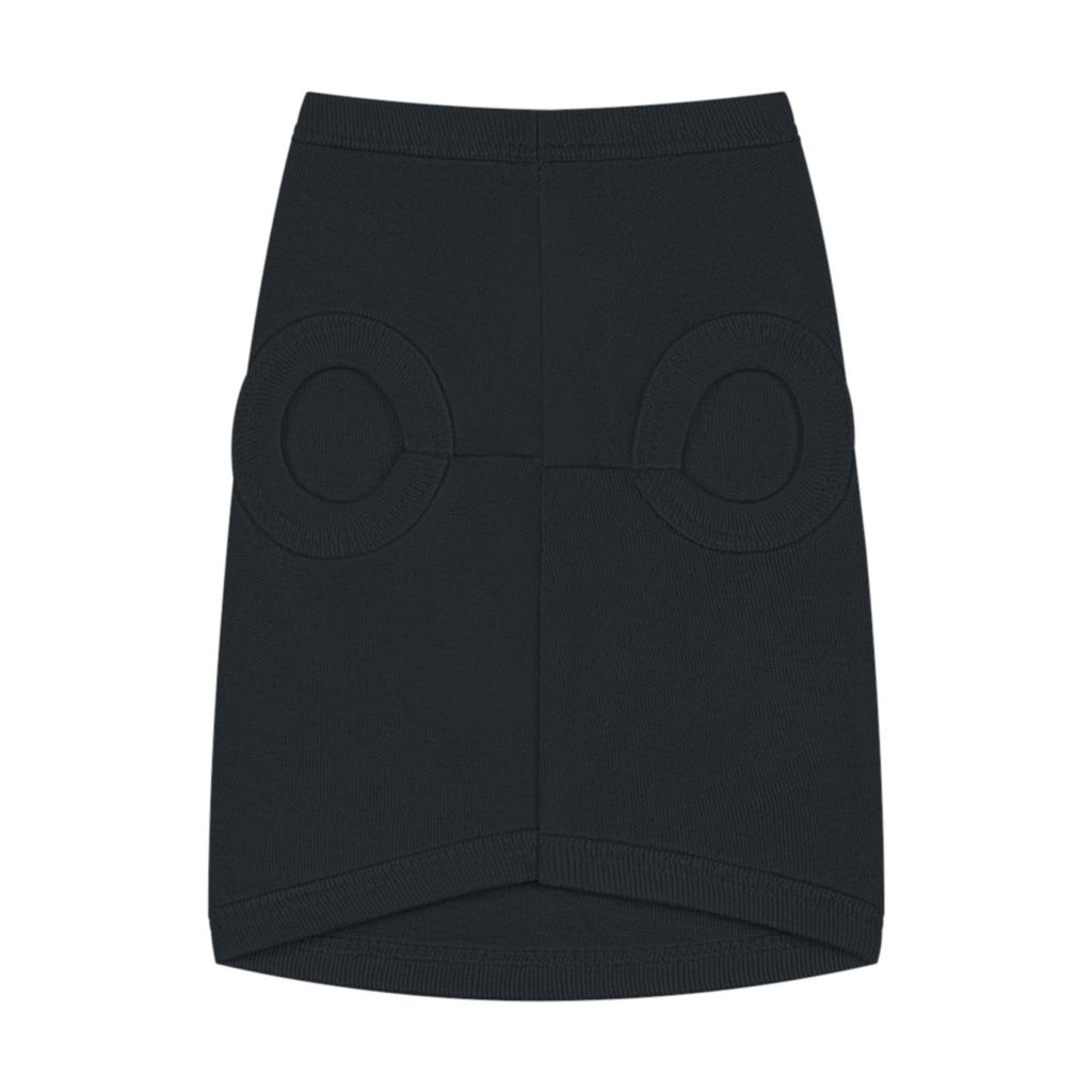 Black dog shirt with circular cutouts on a white background