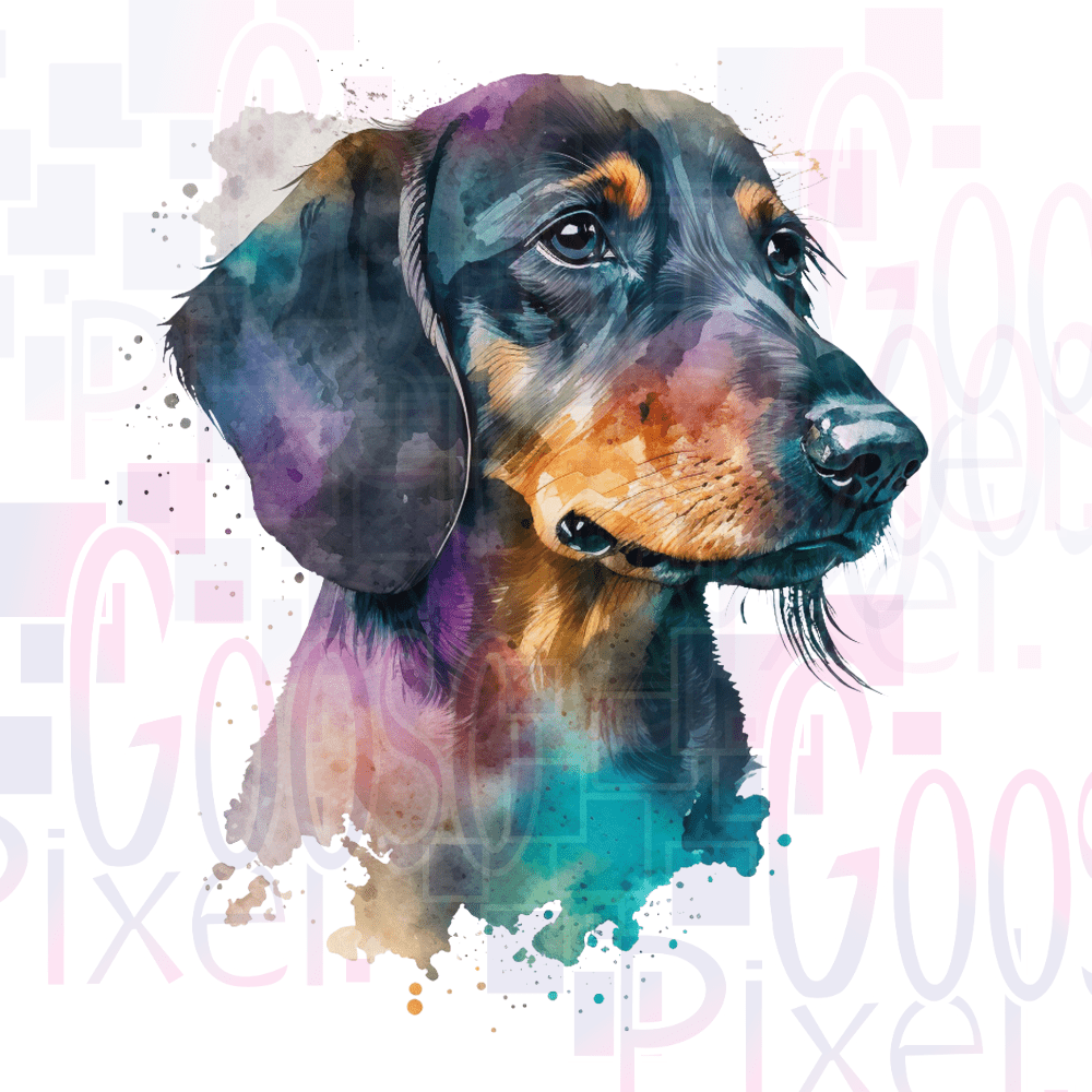 Colorful watercolor painting of a dachshund with 'Good Pixel' text in the background