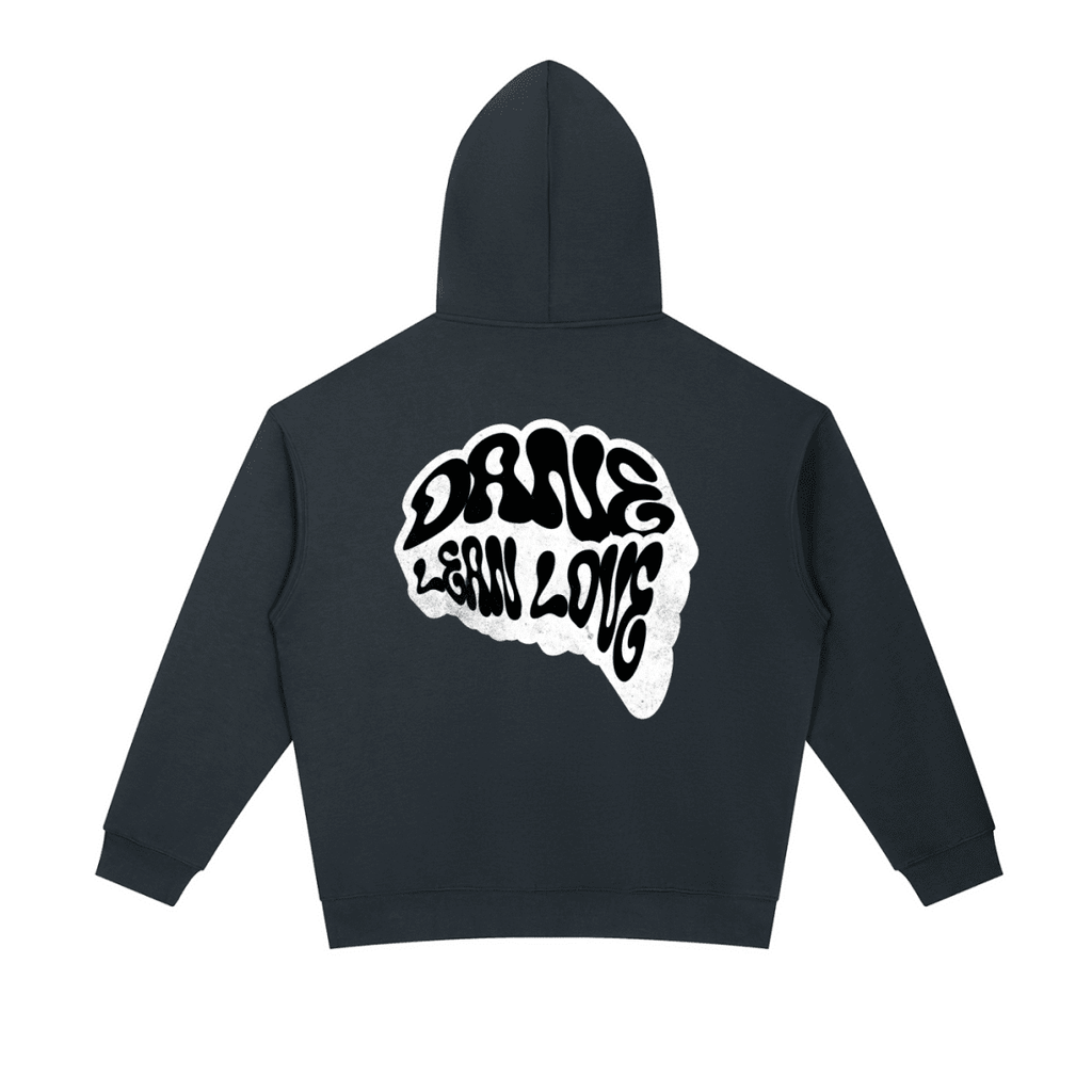 navy blue hoodie with white text dane lean love on the back against a white background