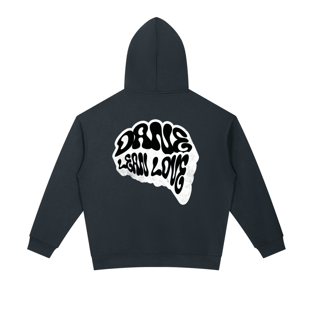 navy blue hoodie with white text dane lean love on the back against a white background