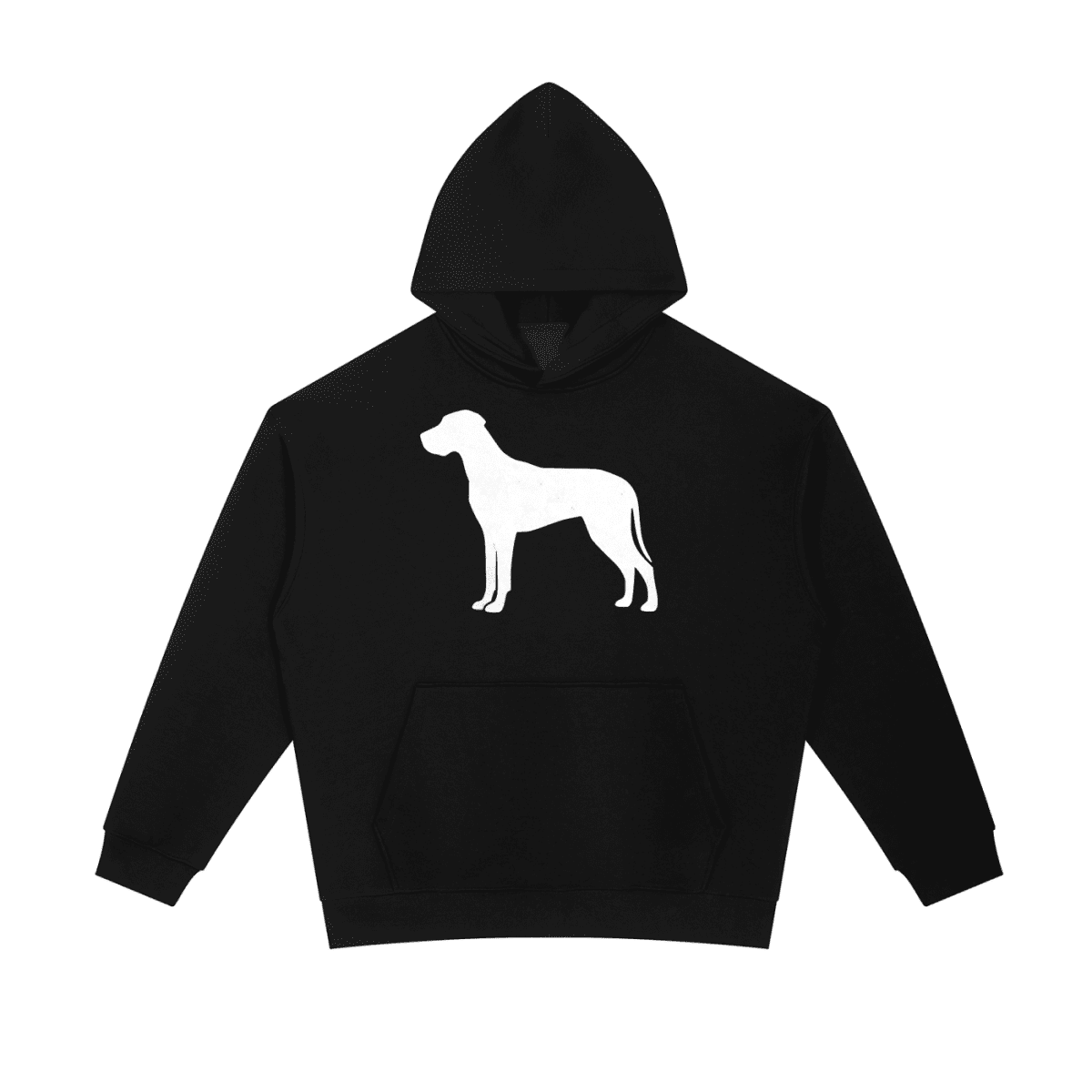 Black hoodie with a white great dane silhouette on a white background