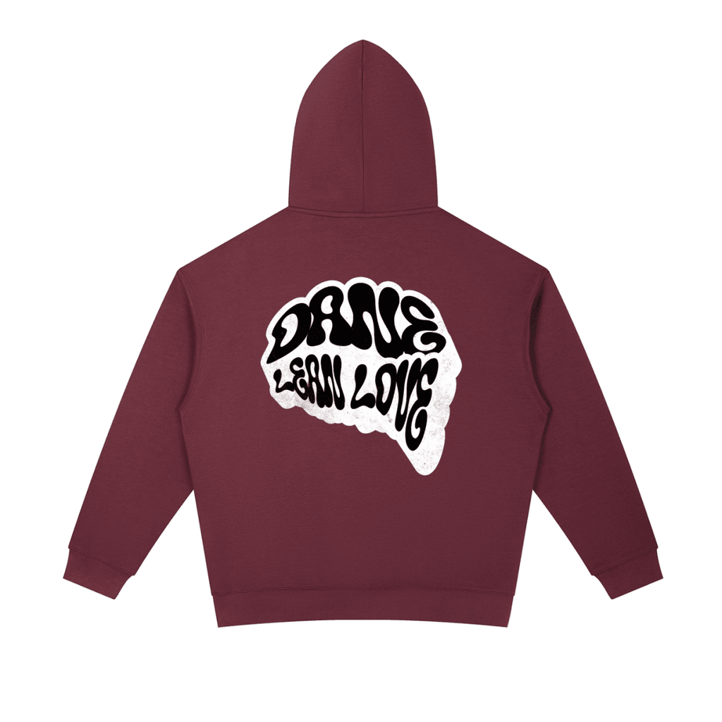 Maroon hoodie with black and white text design on the back against a white background