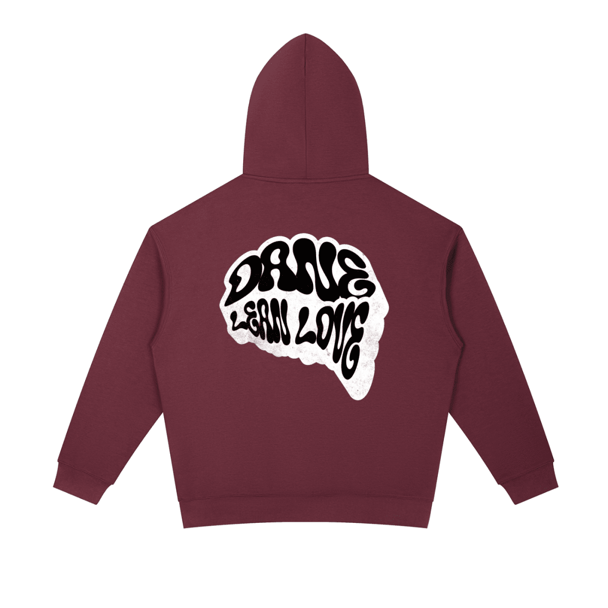 Maroon hoodie with black and white text design on the back against a white background