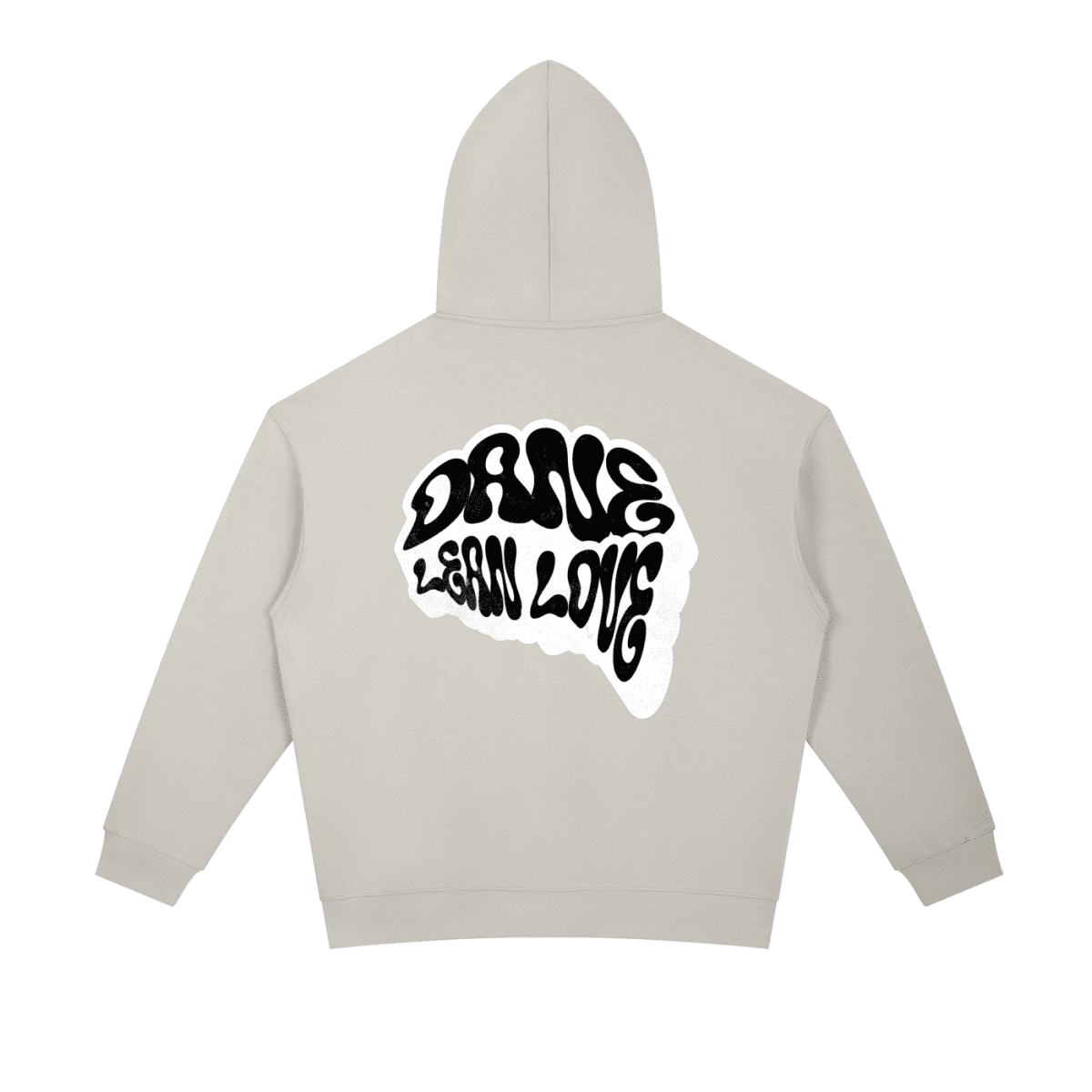 Beige hoodie with black text dane lean love on a white background