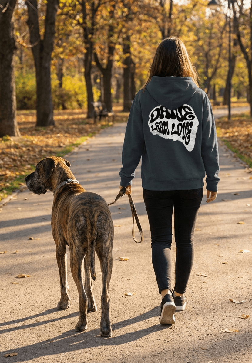 Person walking a greate dane on a path in a park with autumn leaves