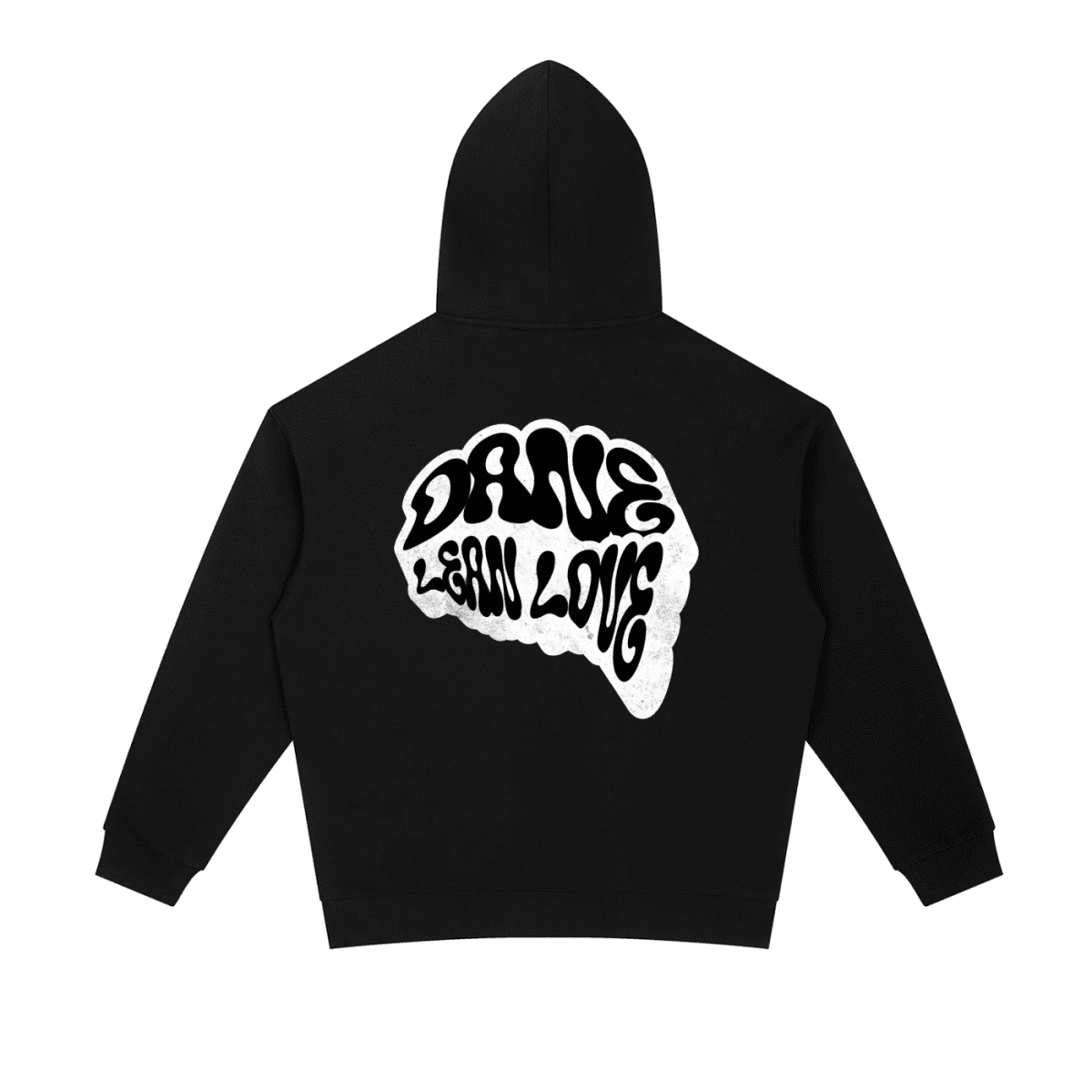 Black hoodie white text dane lean love on the back against a white background