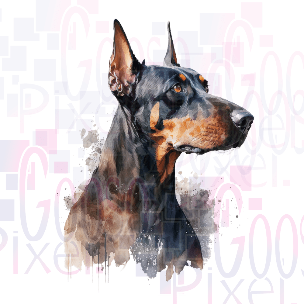 Artistic illustration of a Doberman dog on a white background with 'Good Pixel' branding.