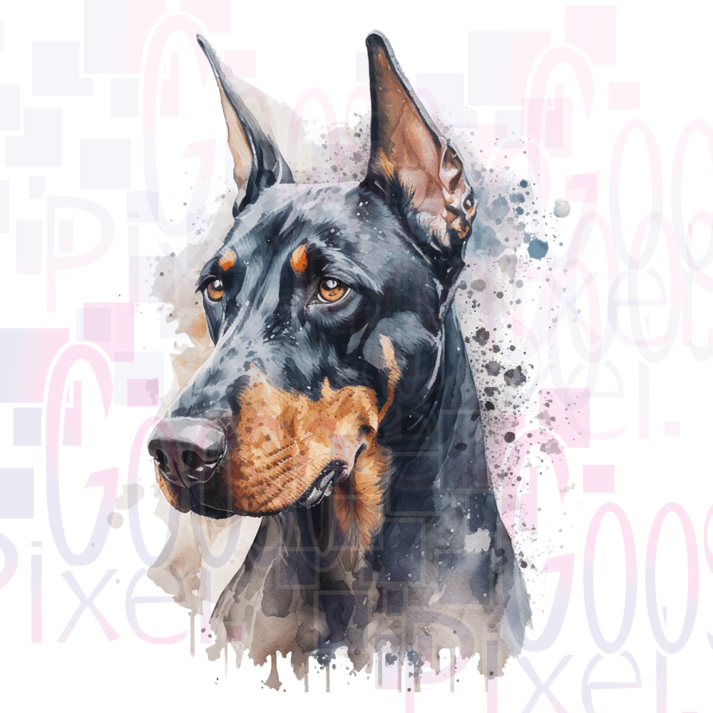 Artistic illustration of a Doberman Pinscher on a white background with watercolor effects.