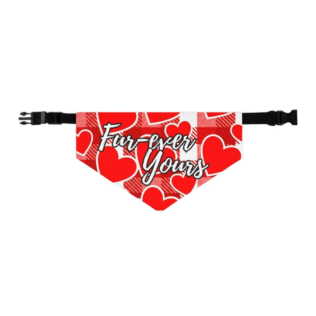 Heart patterned dog bandana with 'Fur ever Yours' text on a white background