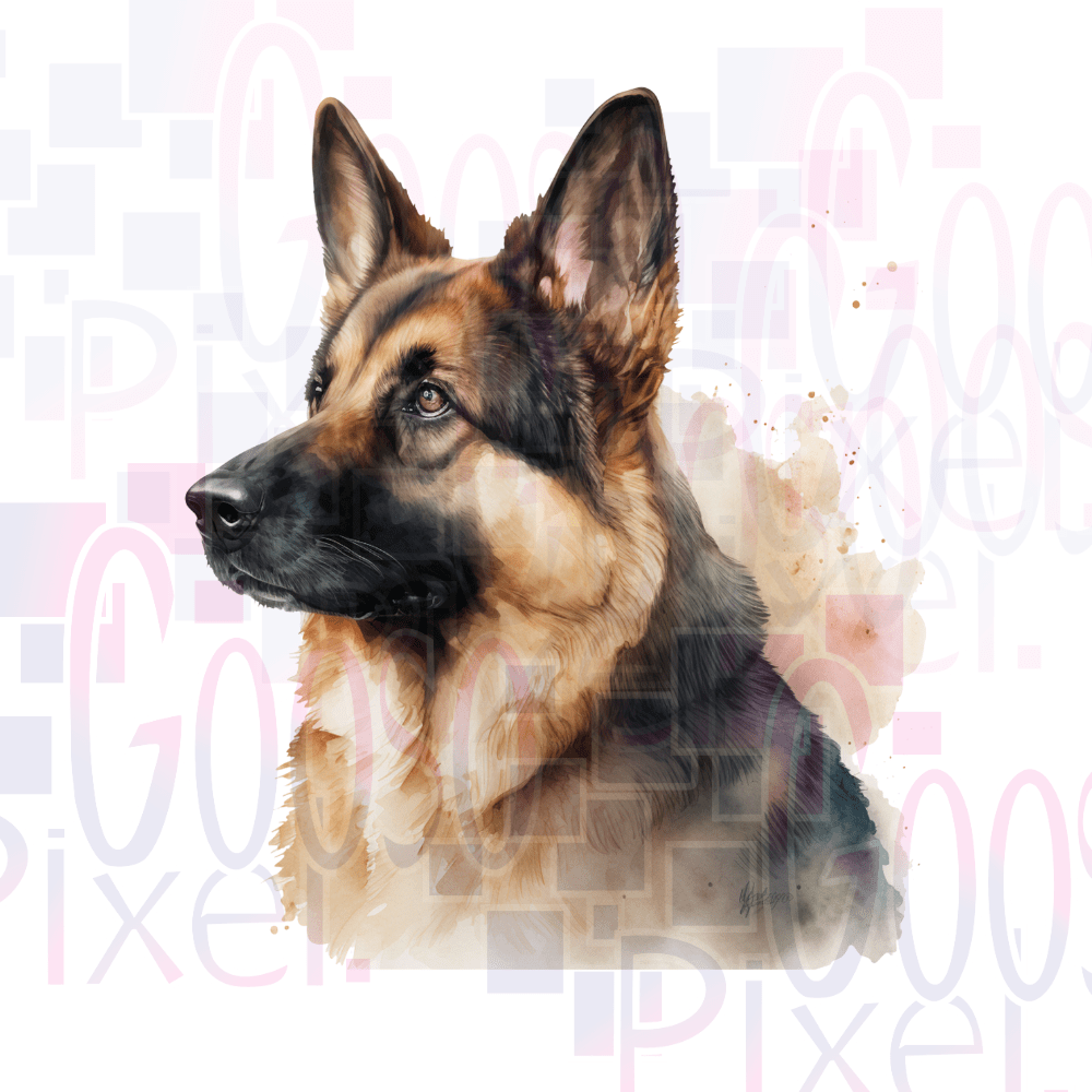Artistic illustration of a German Shepherd dog on a light pink background with watercolor effects.