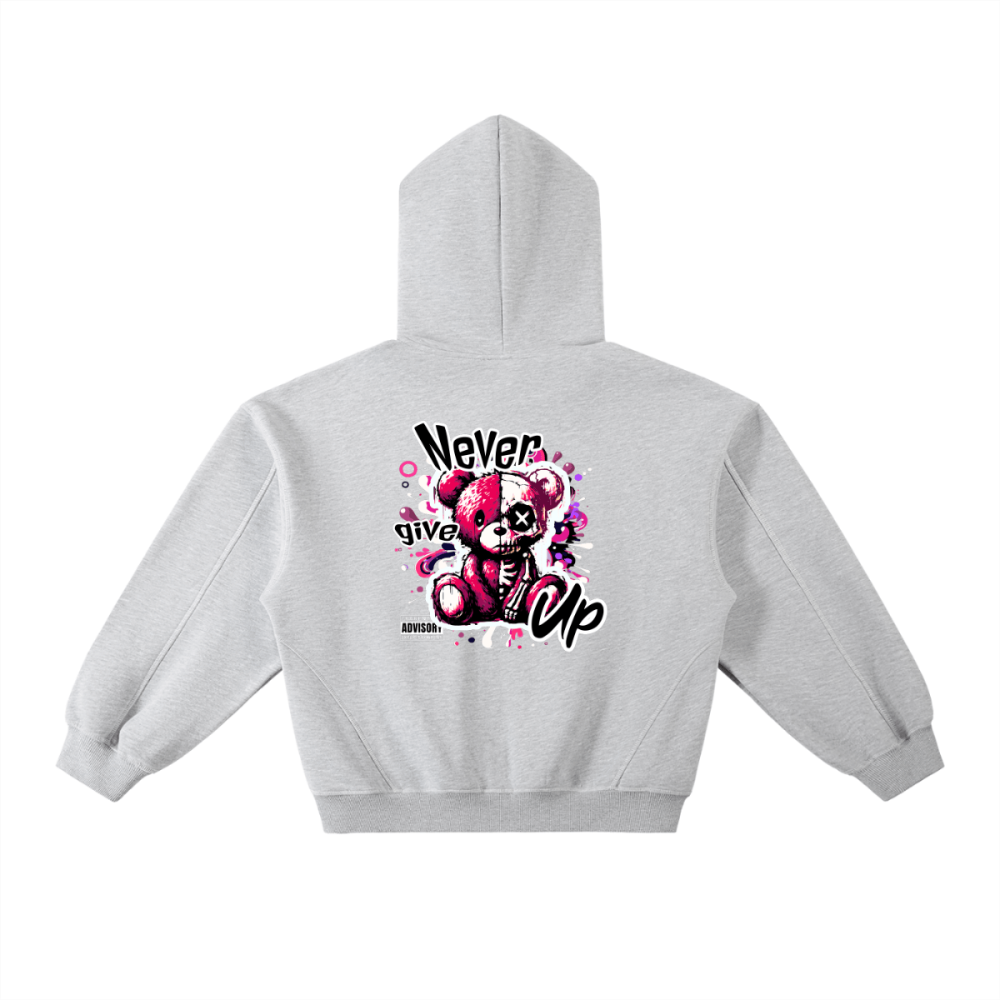 Stay cozy and inspired in our unisex Contrast-Stitched Boxy Fleece Hoodie featuring a  never give up graphic.