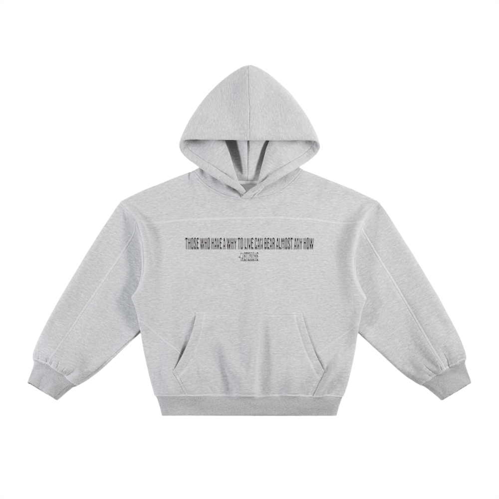 gray contrast-stitched boxy fleece hoodie with front Nietzsche quote ‘Those who have a why to live can bear almost any how’