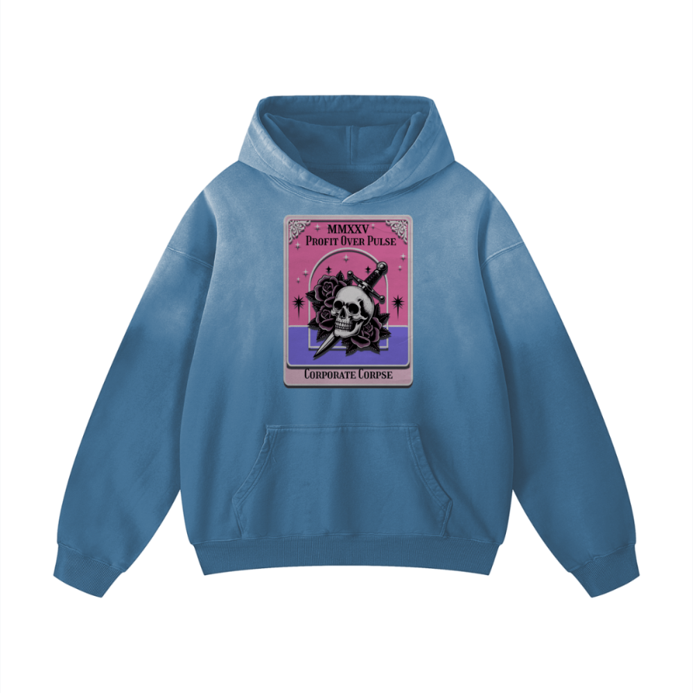 Blue sunfade oversized hoodie with centered skull, dagger, and roses design and text ‘Profit Over Pulse’ ‘Corporate Corpse.’”