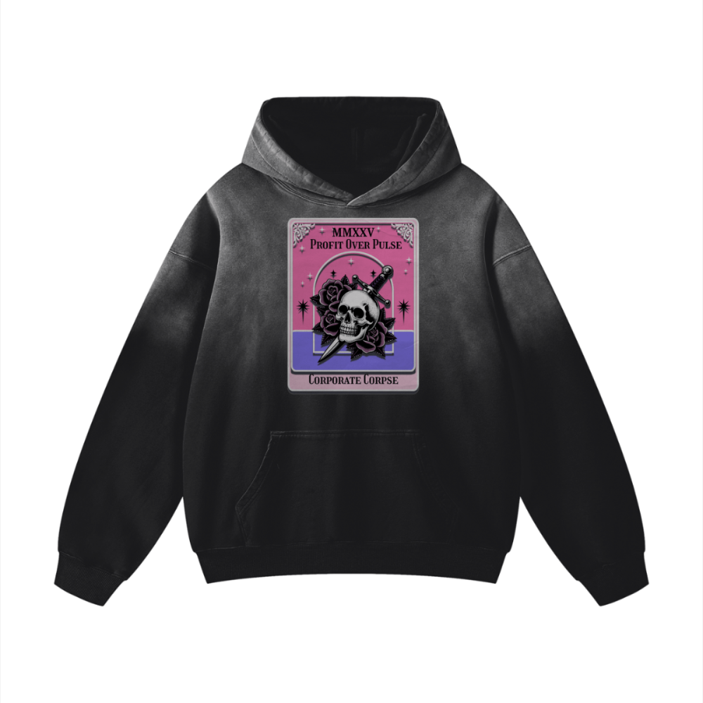 Black sunfade oversized hoodie featuring bold skull, dagger, and roses graphic with anti-capitalist typography.