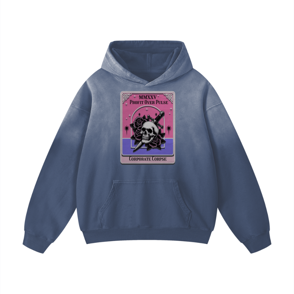 gray sunfade oversized hoodie with centered skull, dagger, and roses design and text ‘Profit Over Pulse’ ‘Corporate Corpse.’”