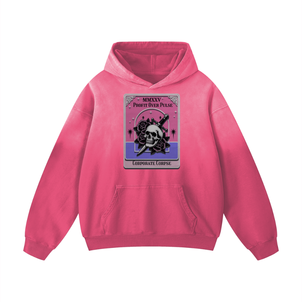 Pink sunfade oversized hoodie with centered skull, dagger, and roses design and text ‘Profit Over Pulse’ ‘Corporate Corpse.’”