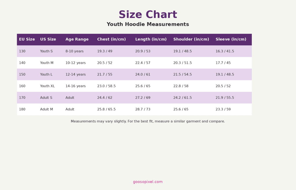 Size chart for youth hoodies with measurements on a white background