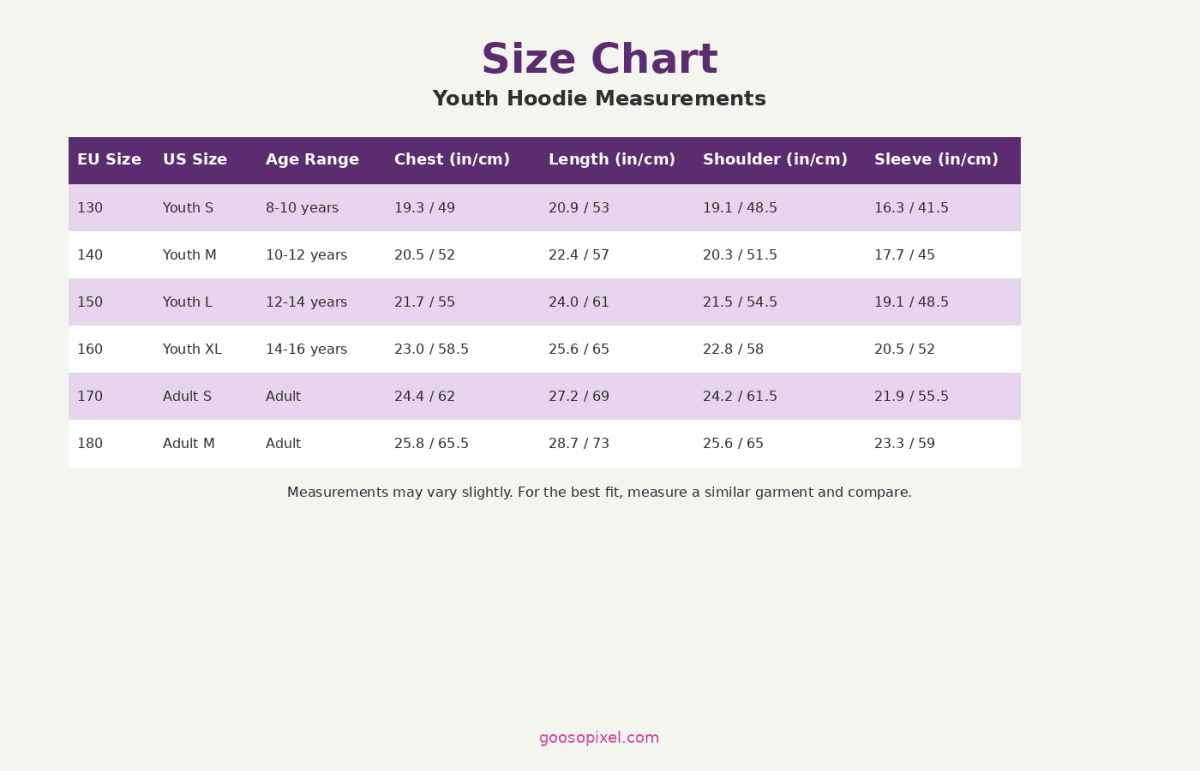 Size chart for youth hoodies with measurements on a white background
