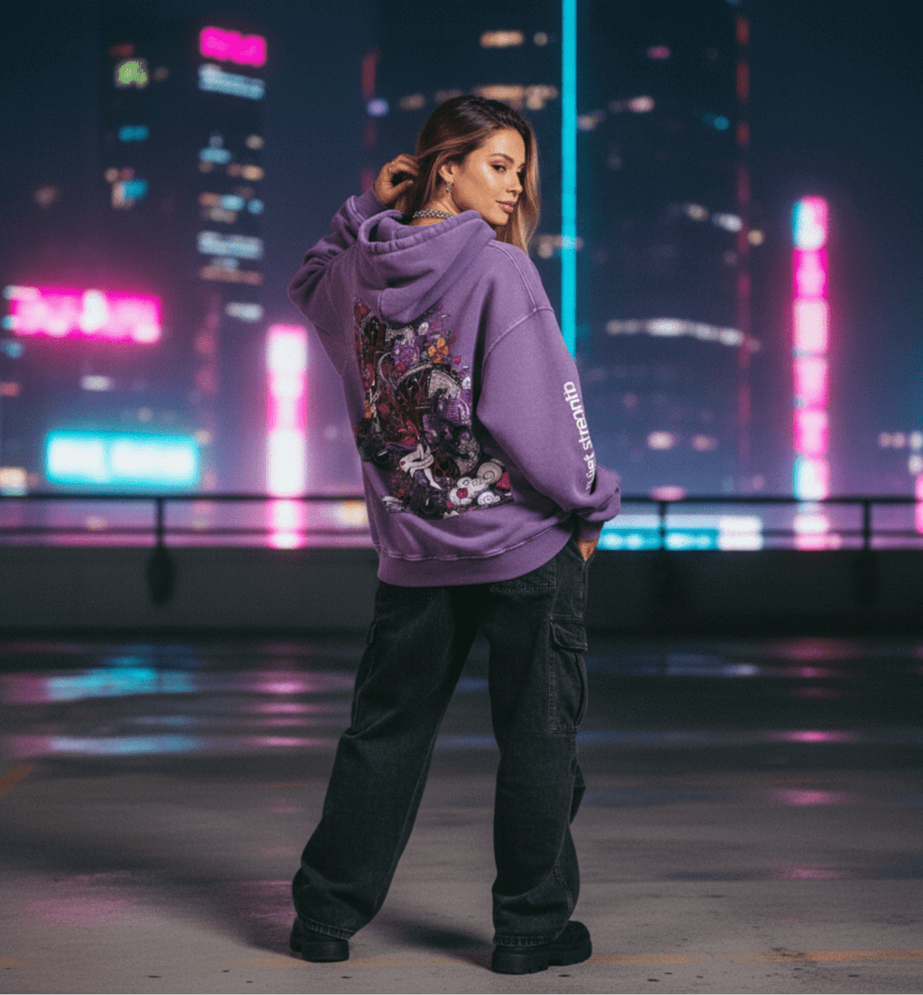 Person wearing a purple hoodie with floral designs in an urban setting at night.