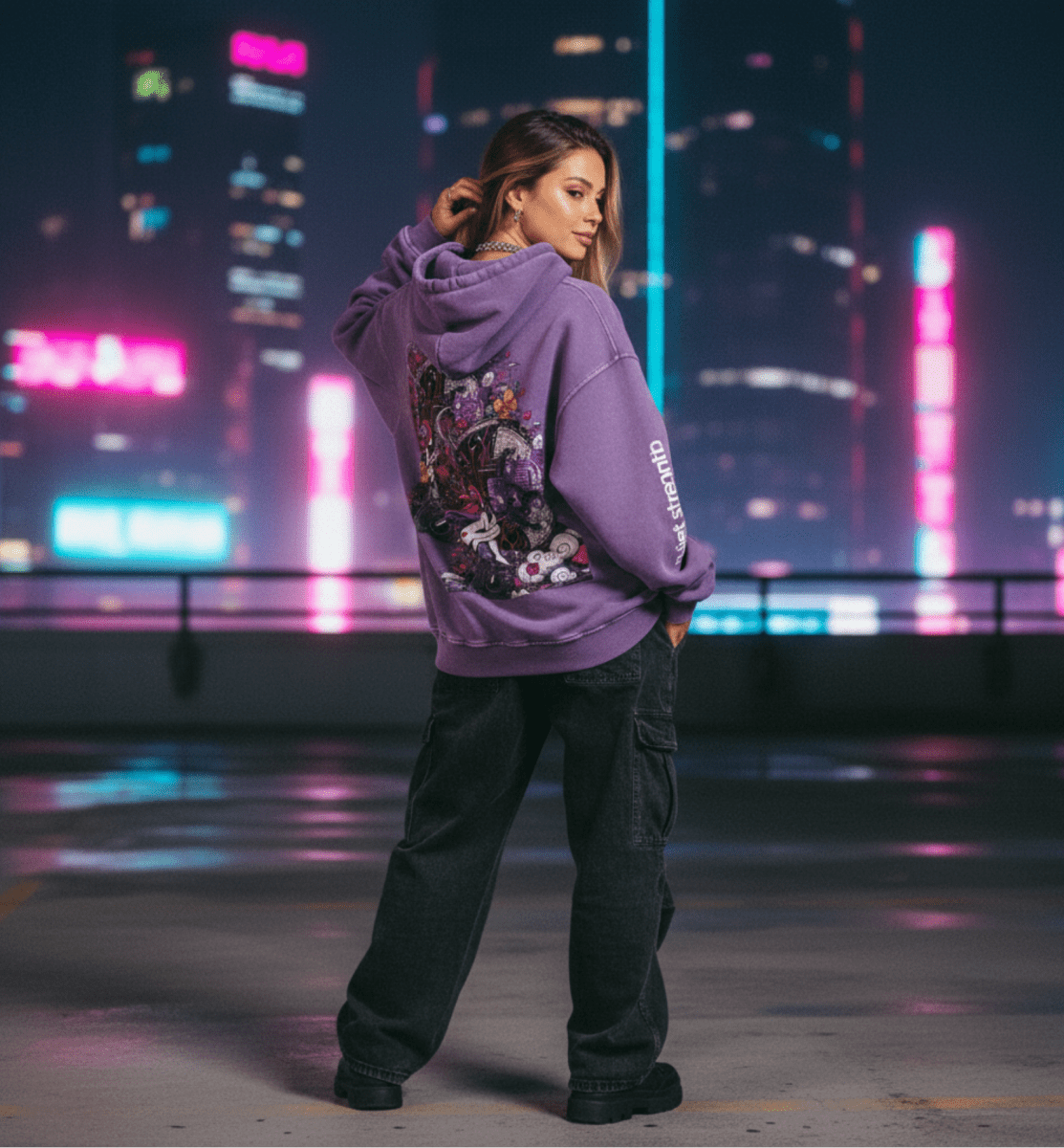 Person wearing a purple hoodie with floral designs in an urban setting at night.