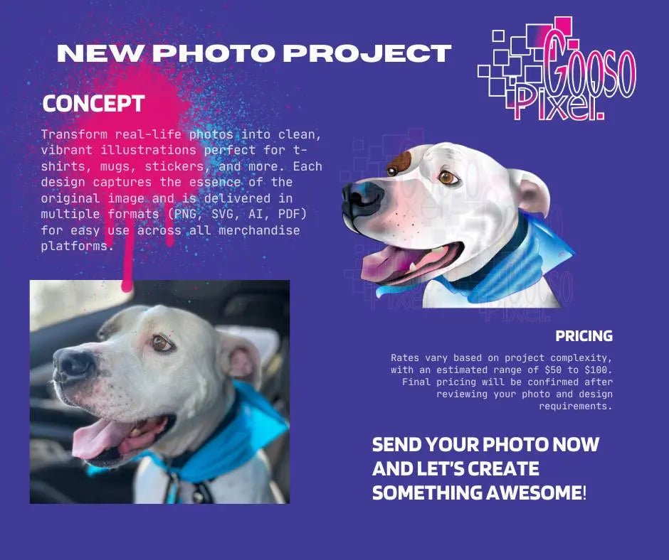 Get a personalized pet image with our custom pet illustration service—a digital animal portrait for true animal lovers.