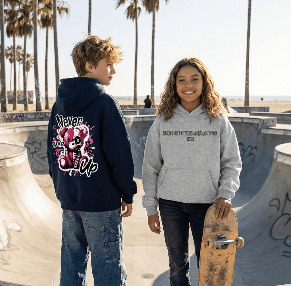 Two young people at a skate park with palm trees in the background wearing never give up hoodie 