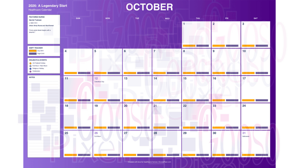 Calendar for October 2026 with a purple background