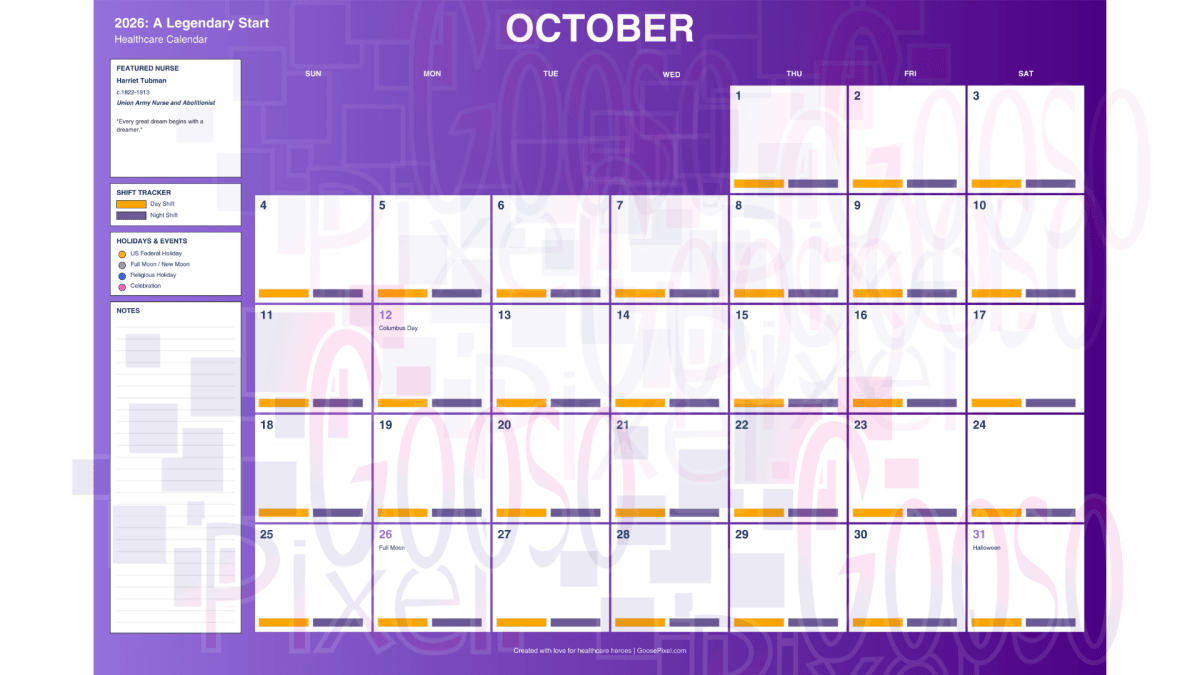 Calendar for October 2026 with a purple background
