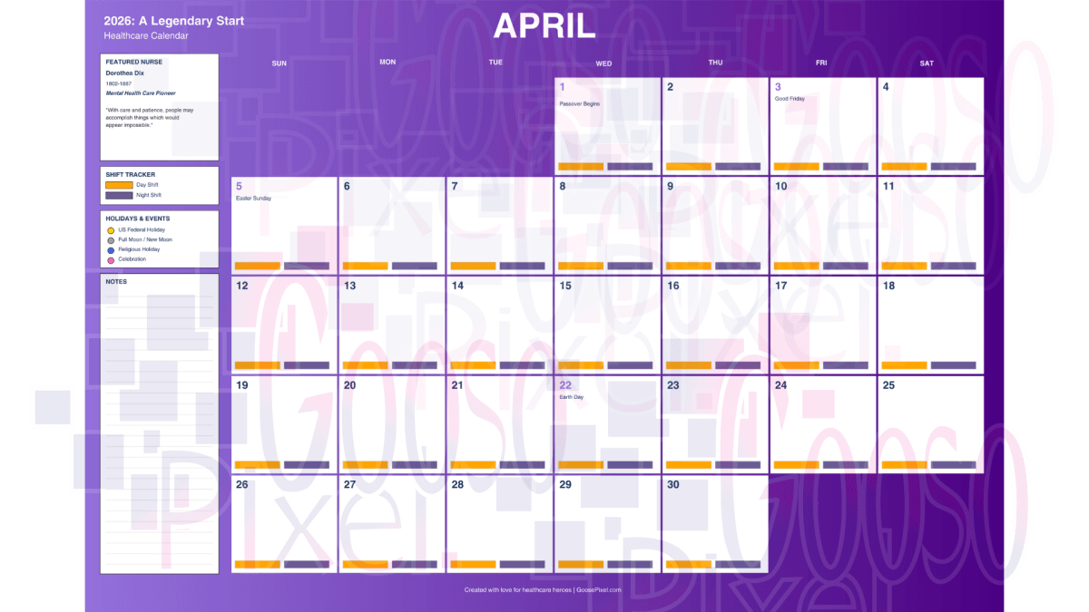 April calendar with a purple background and colorful days.