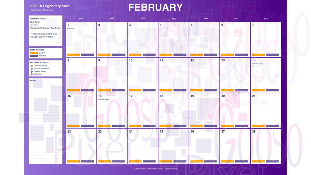 February calendar with a purple background